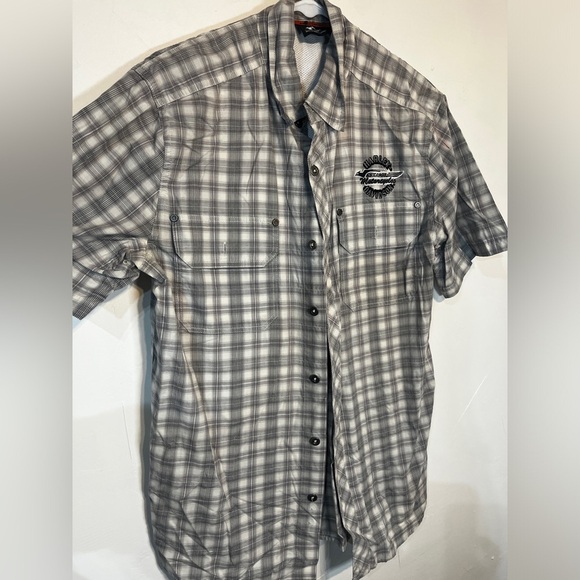 Harley Davidson Gray White Plaid Short Sleeve Button Down Shirt Medium - Picture 1 of 3